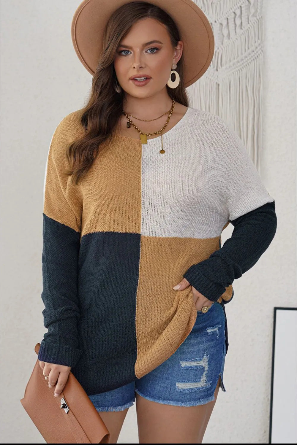 Plus Size 100% Acrylic Color Block Sweater with Round Neck, Slightly Stretchy, Trendy Style