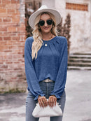 Slightly Stretchy Ruched Round Neck Long Sleeve T-Shirt - Casual Everyday Essential - Store 42