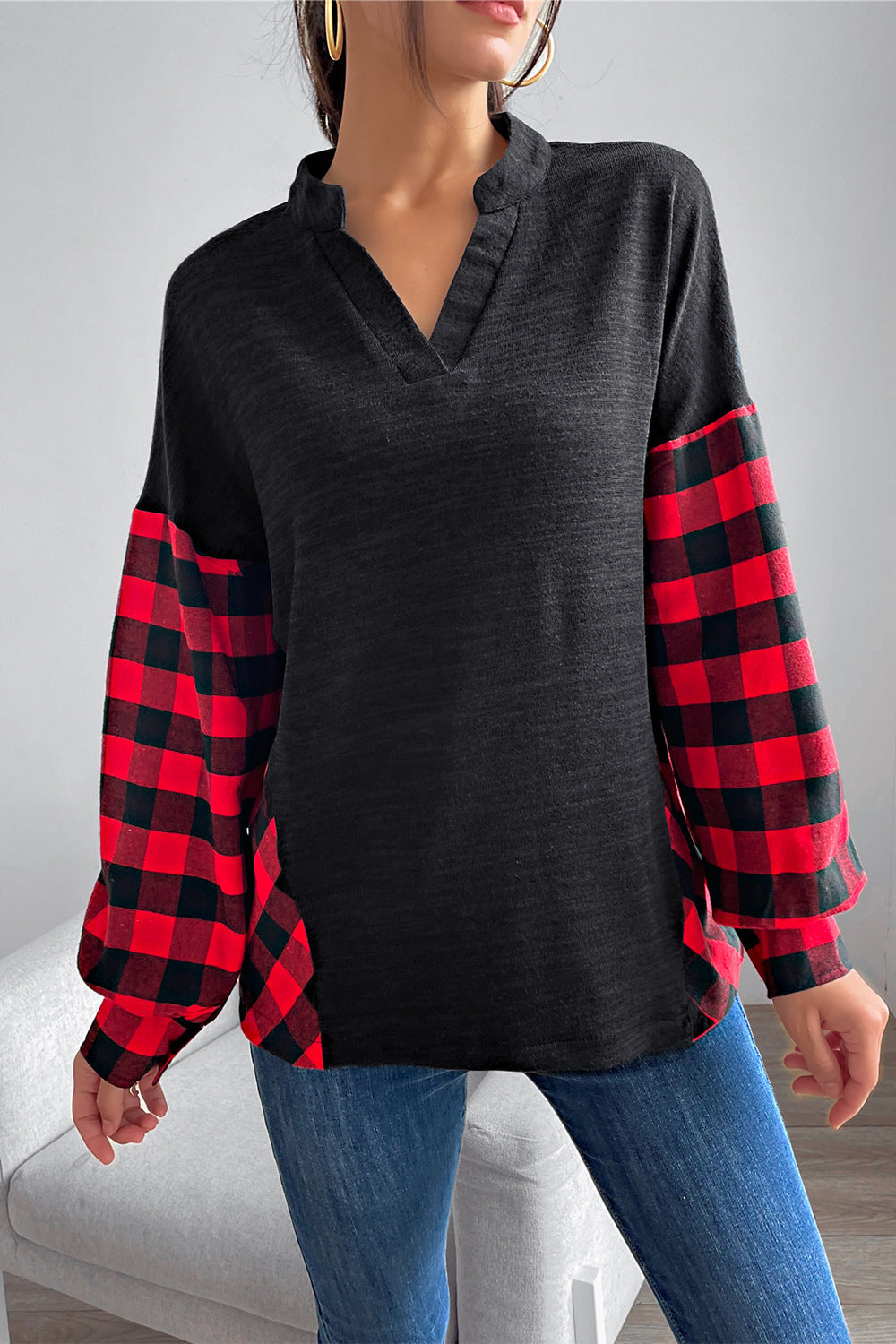 Trendy Buffalo Plaid Color Block Balloon Sleeve Top with Notched Neckline - Casual Style