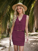 Openwork V-Neck Top and Skirt Knit Cover Up Set