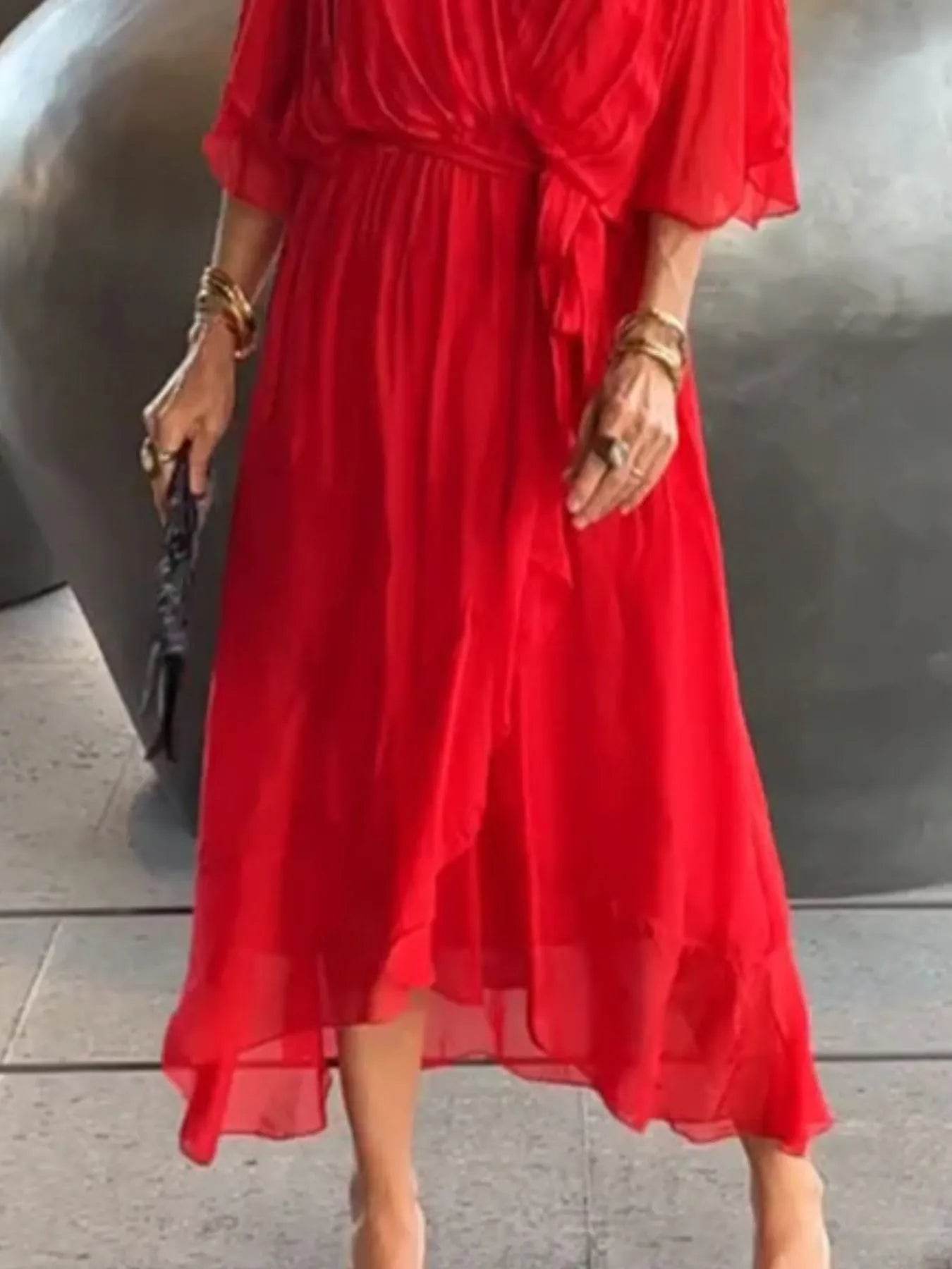 Full Size Flowy Tie Front Midi Dress with Flutter Sleeves Plus Size - Store 42