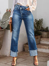 Stepped Waist Raw Hem Rolled Straight Jeans Medium