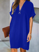 V-Neck Short Sleeves Dress Blue
