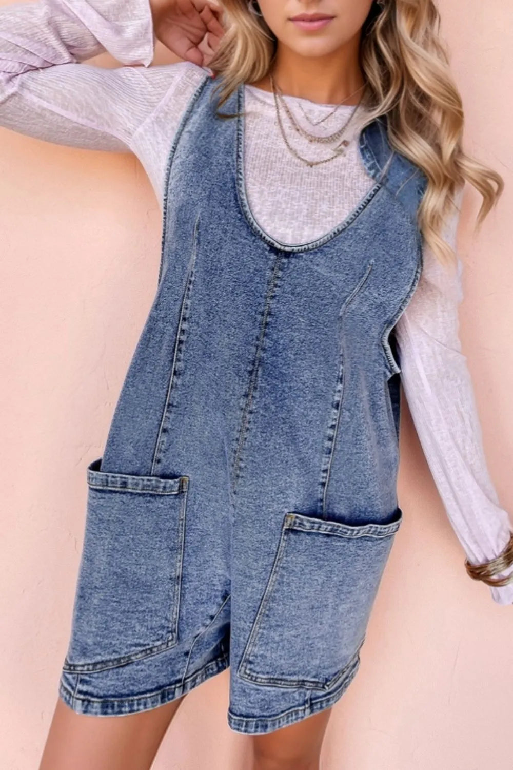 U Neck Denim Overalls With Patched Pockets - 65% Cotton, No Stretch, Stylish Fit