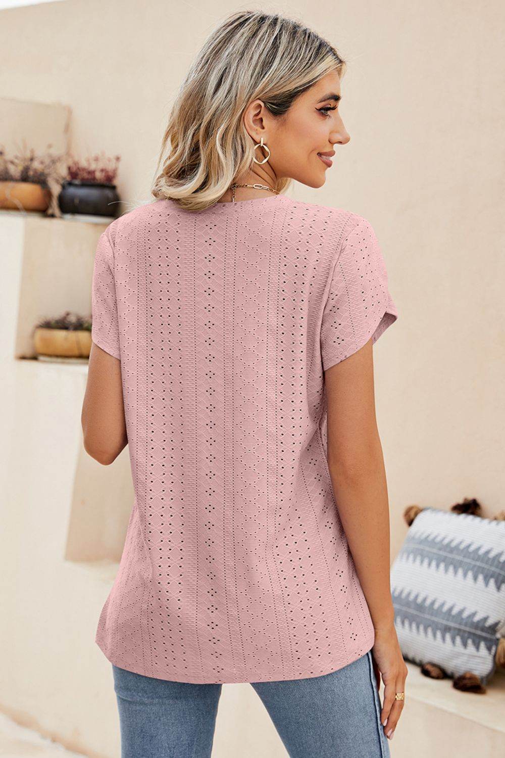 Trendsi Eyelet Petal Sleeve V-Neck Casual Knit Top - Solid Colors, Slightly Stretchy, Long Length - Store 42