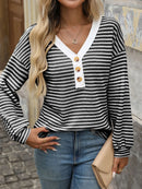Striped V-Neck Button Front Casual Top