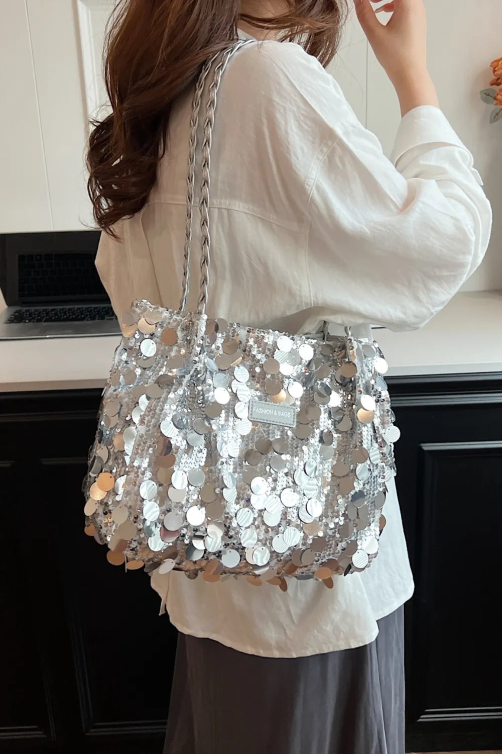 Trendy Medium Sequin Braided Strap Shoulder Bag - Stylish Polyester Design
