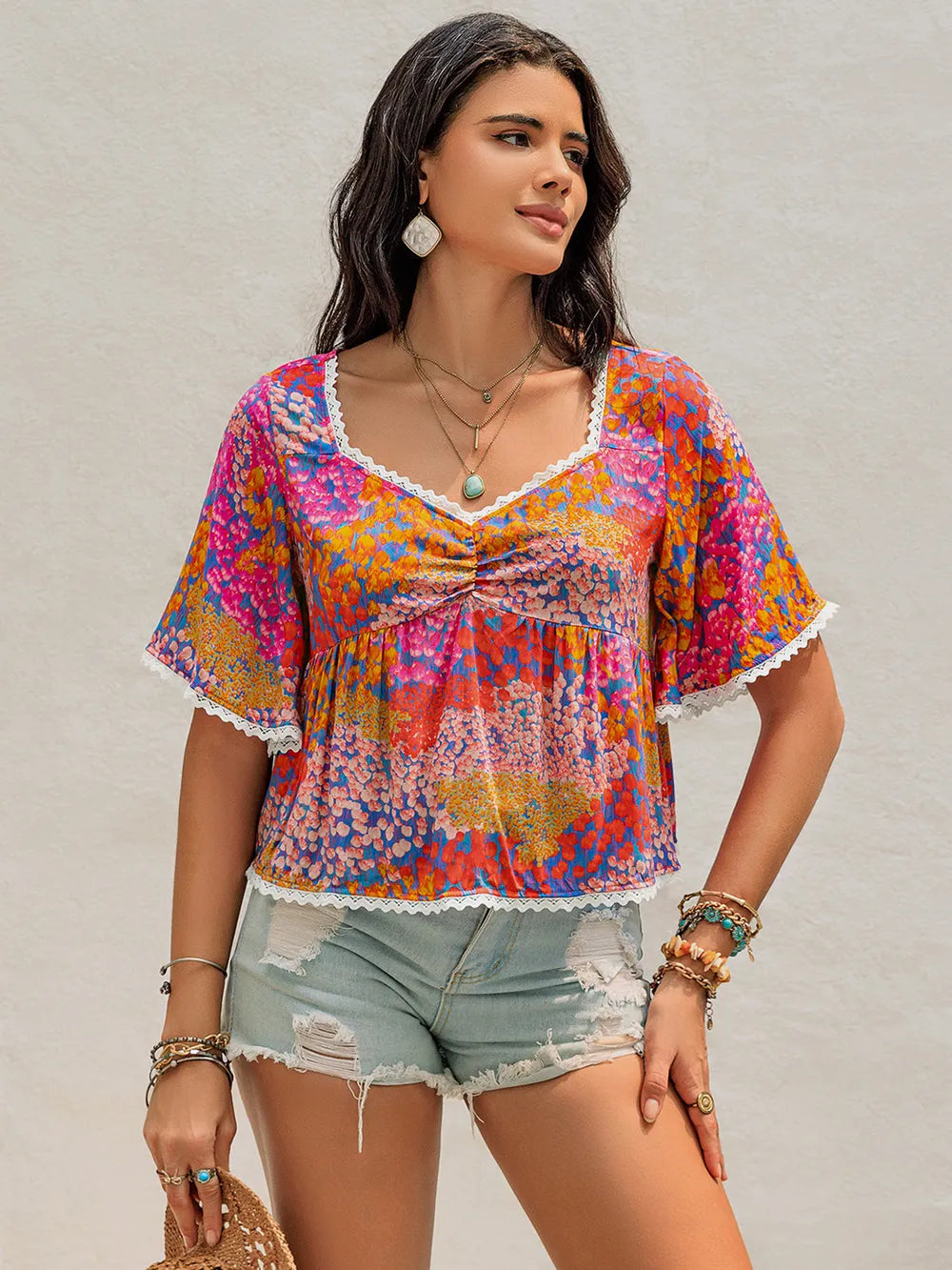 Stylish Ruched Printed Half Sleeve Blouse in Opaque 100% Viscose - Perfect for All Occasions