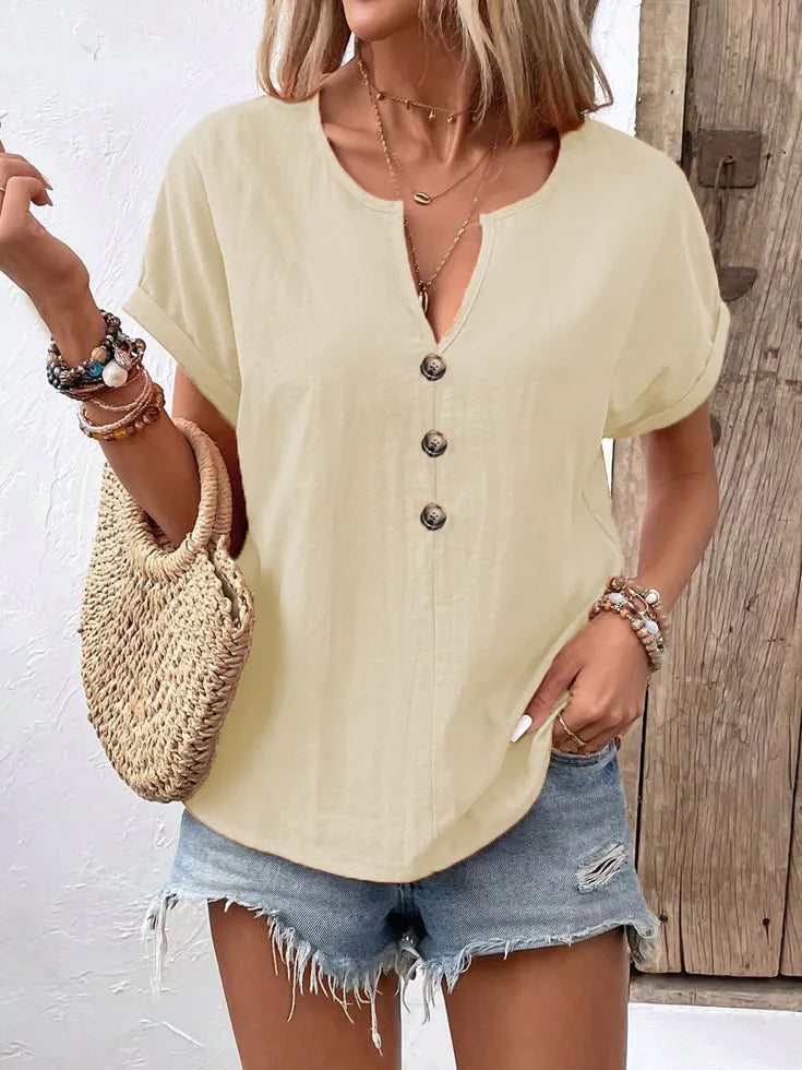 Trendy Plus Size Notched Short Sleeve Top with Decorative Button – 100% Polyester, Stylish Fit
