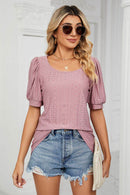 Trendsi Eyelet Puff Sleeve Top - Casual Solid Round Neck Design for Stylish Comfort - Store 42