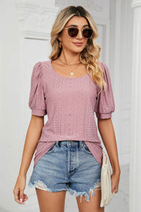 Trendsi Eyelet Puff Sleeve Top - Casual Solid Round Neck Design for Stylish Comfort - Store 42