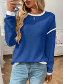 Slightly Stretchy Ribbed Long Sleeve Top with Contrast Trim - Elegant Basic Style - Store 42
