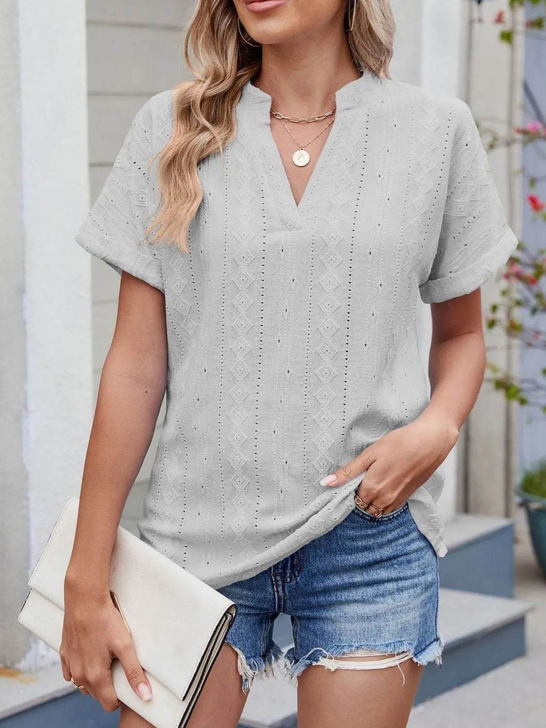 Trendy Eyelet Notched Short Sleeve Top in 65% Rayon - Stylish & Versatile Women's Wear - Store 42