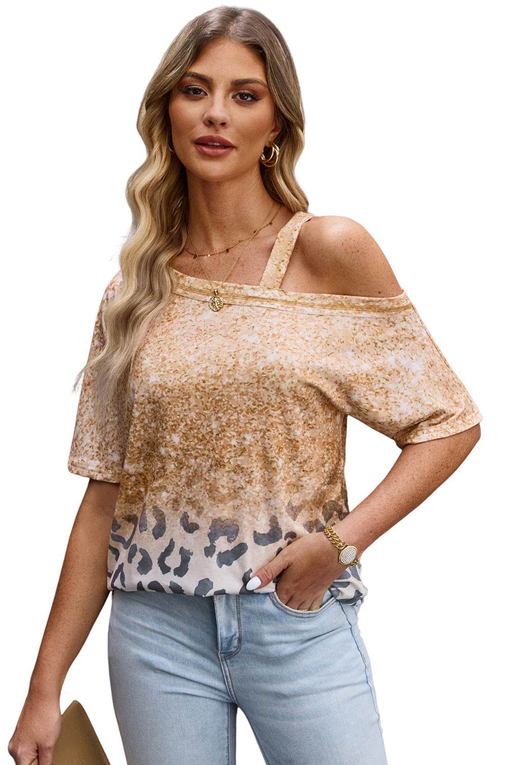 Leopard Print Asymmetrical Neck Cold-Shoulder Blouse with Short Sleeves - Casual Chic Style - Store 42
