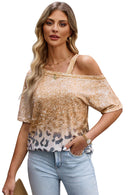 Leopard Print Asymmetrical Neck Cold-Shoulder Blouse with Short Sleeves - Casual Chic Style - Store 42