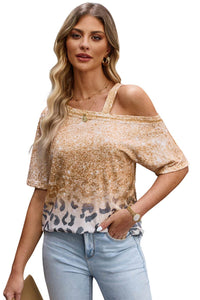 Leopard Print Asymmetrical Neck Cold-Shoulder Blouse with Short Sleeves - Casual Chic Style - Store 42
