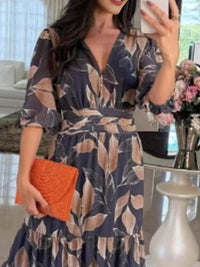 Full Size Printed V-Neck Maxi Dress with Tiered Hemline Plus Size - Store 42