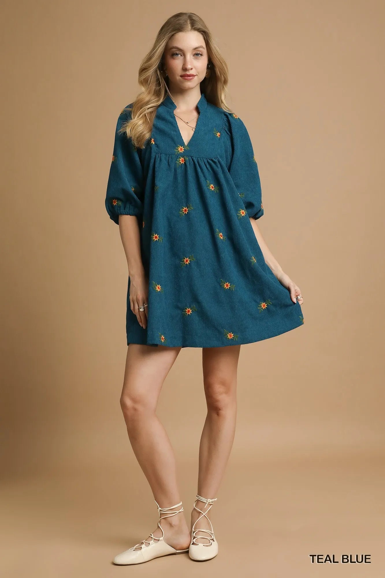 Umgee Corduroy Babydoll Dress with Floral Embroidery
