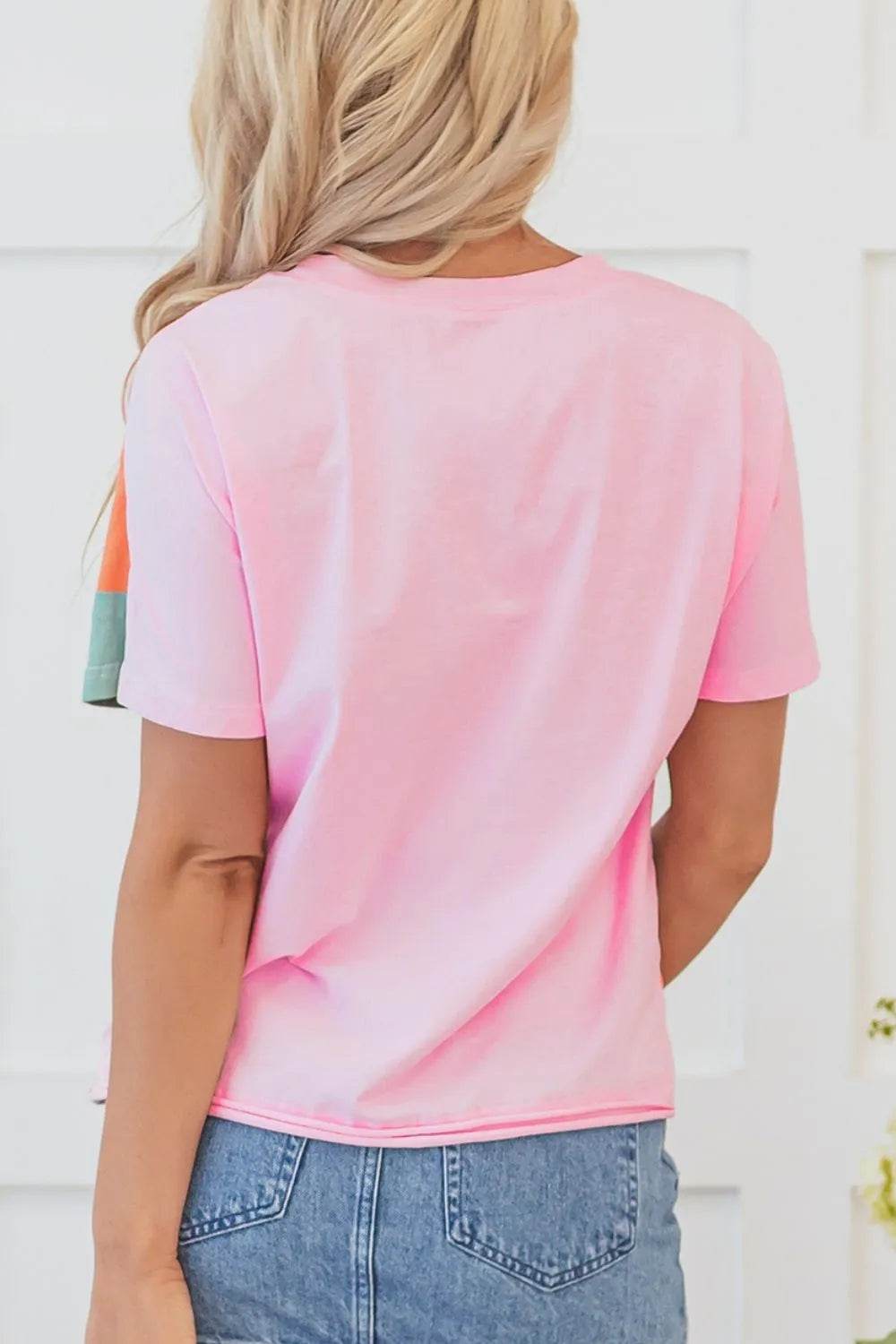 Trendy Color Block Round Neck T-Shirt for Women - Short Sleeve, Slightly Stretchy, Cotton Blend
