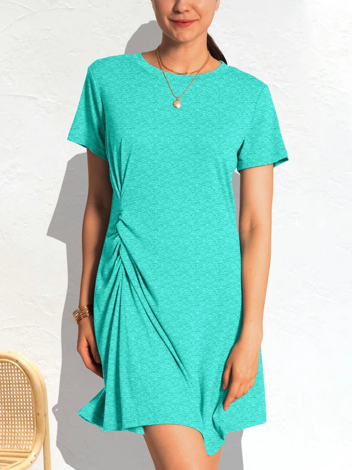 Ruched Mini Tee Dress with Short Sleeves - Slightly Stretchy, Comfortable, and Stylish