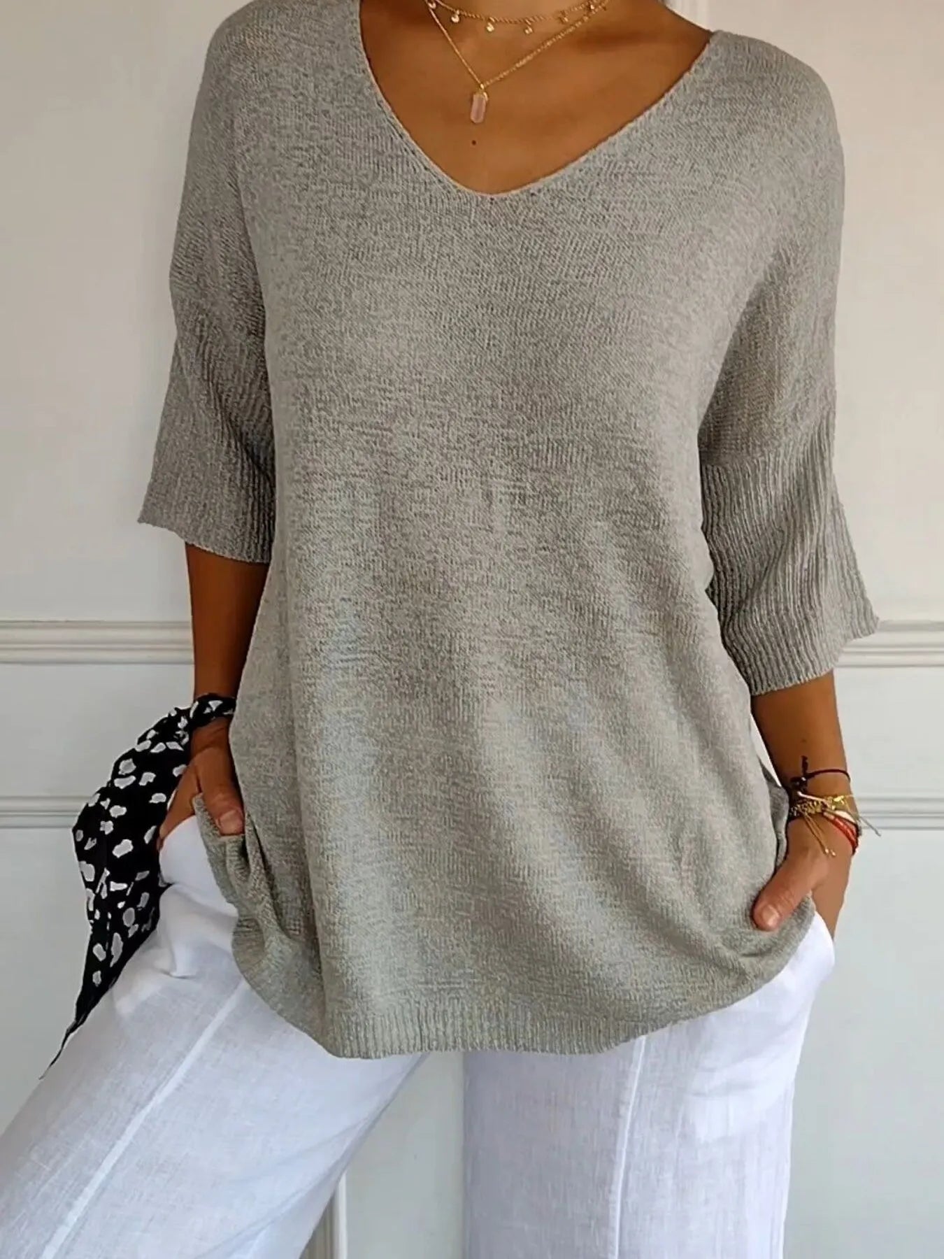 Full Size Relaxed Fit Ribbed Hem Sweater Plus Size Gray