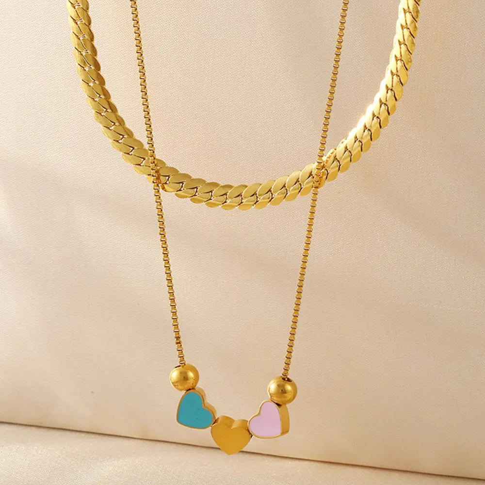 Elegant 18K Gold-Plated Double Layered Heart Necklace with Extension Chain - Trendsi