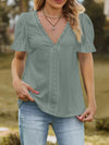Lace Trim V-Neck Puff Sleeve Blouse Sage