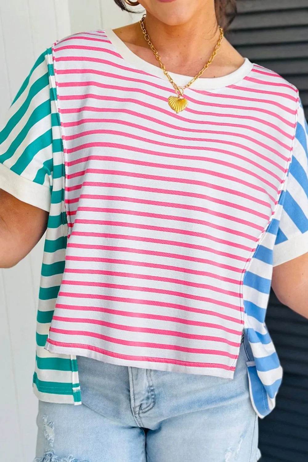 Trendy Color Block Striped Batwing Sleeve T-Shirt in Soft Cotton Blend - Slightly Stretchy Fit - Store 42