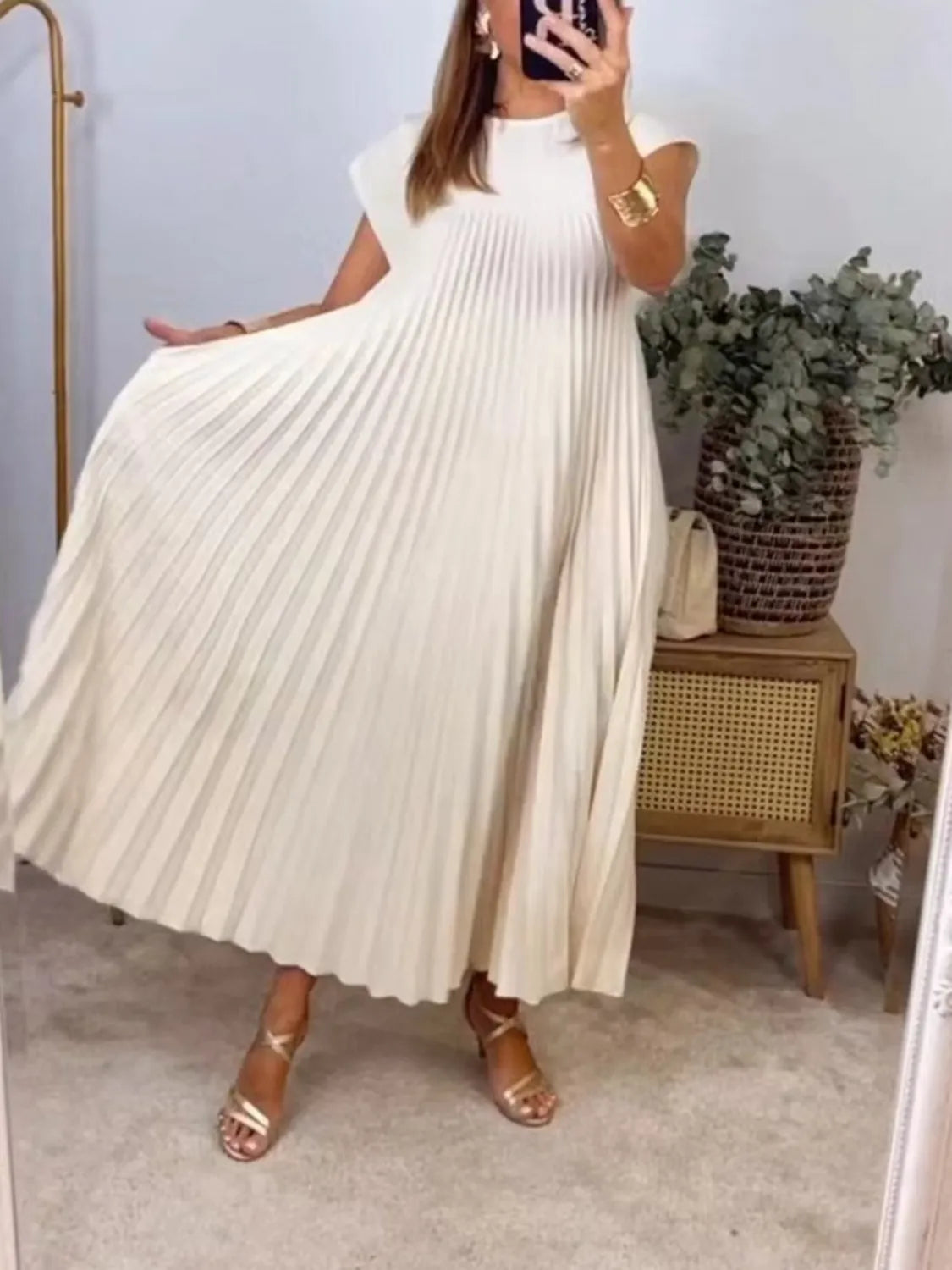 Plus Size Full Length Pleated Round Neck Maxi Dress with Pockets - 100% Polyester