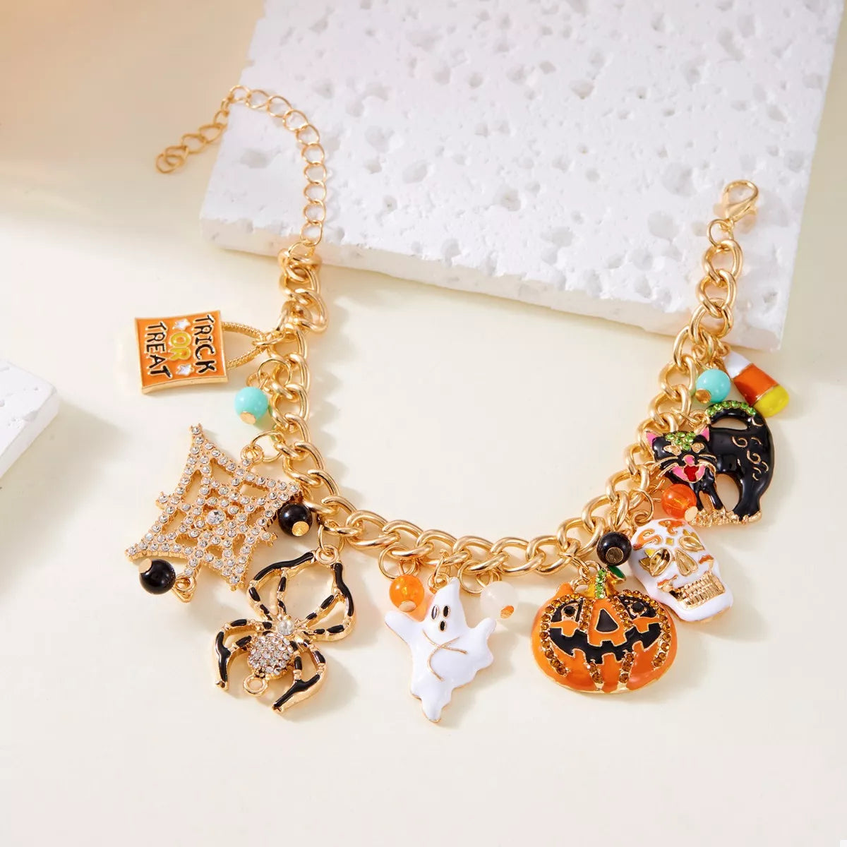 Elegant 18K Gold-Plated Halloween Charm Bracelet with Zircon Detail - Perfect for Spooky Style