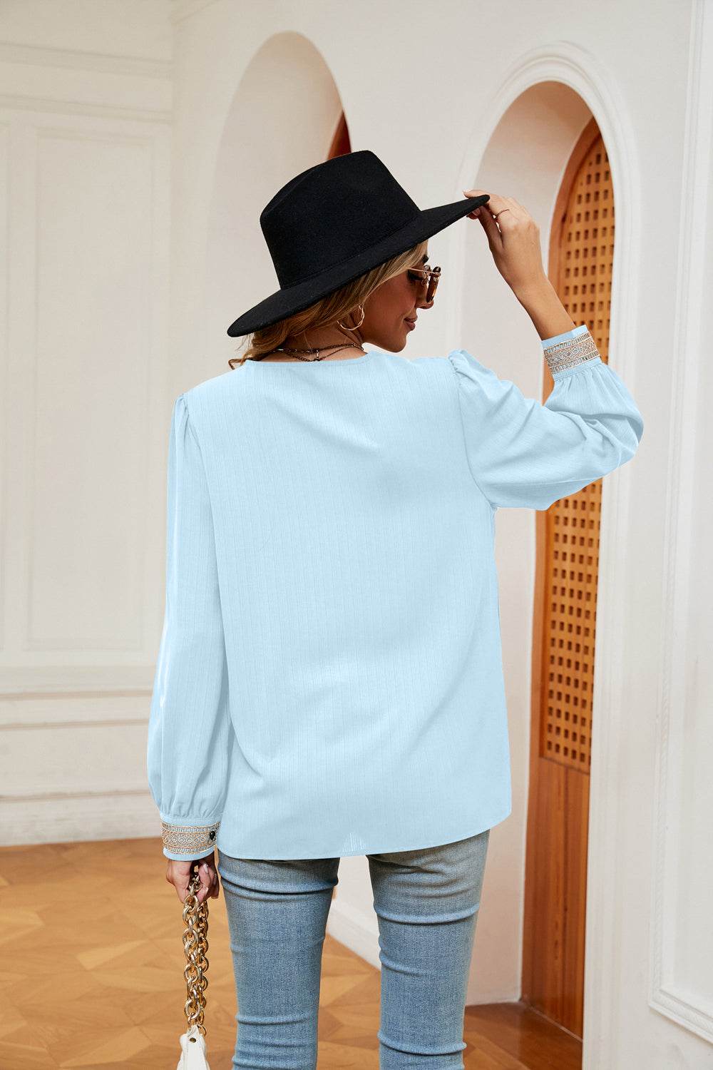 Stylish Contrast Puff Sleeve Blouse - Opaque, Slightly Stretchy, 100% Polyester - Store 42