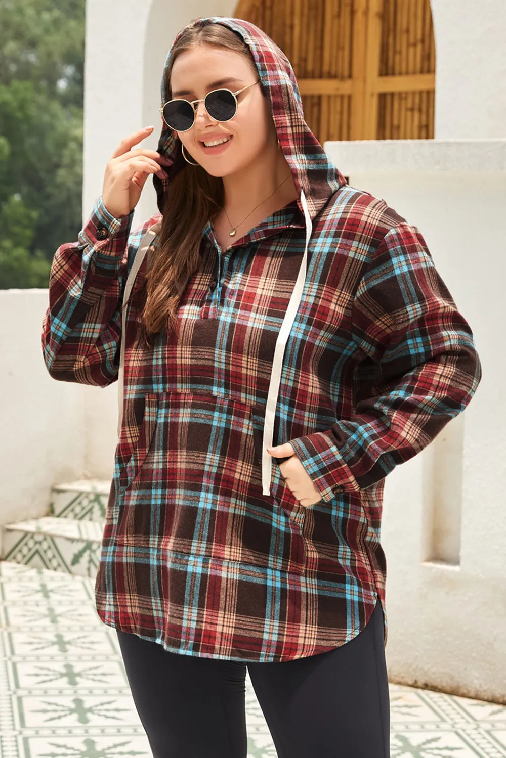 Plus Size Drawstring Hoodie with Plaid Design and Quarter Button Closure - Available in 1XL to 3XL