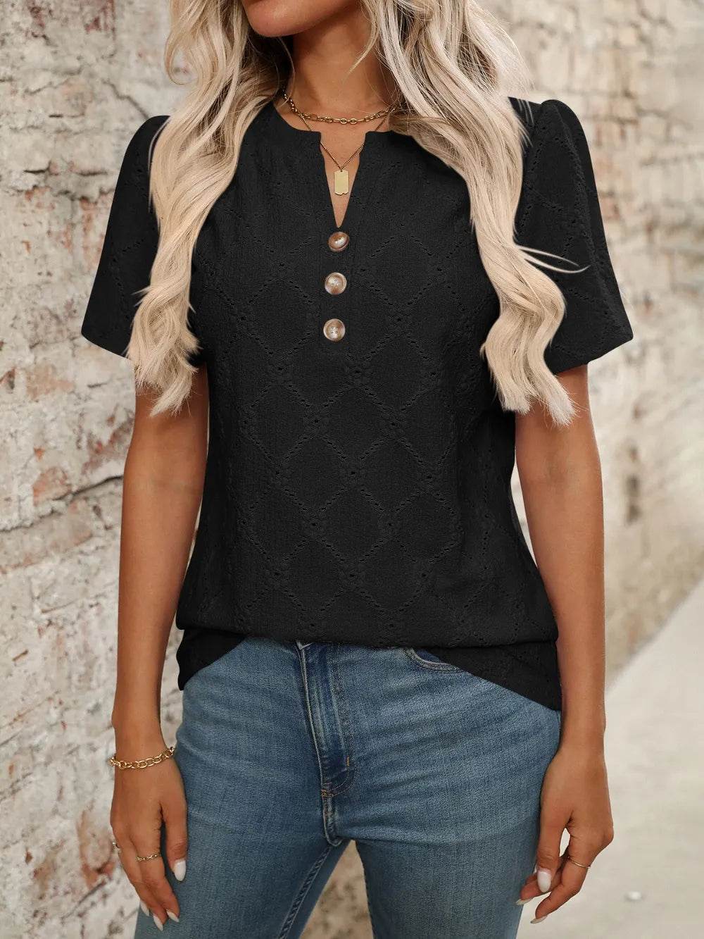 Stylish Eyelet Notched Top with Decorative Buttons - Short Sleeve & Slightly Stretchy, Opaque Fabric - Store 42