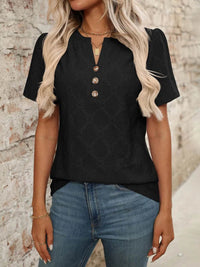 Stylish Eyelet Notched Top with Decorative Buttons - Short Sleeve & Slightly Stretchy, Opaque Fabric - Store 42