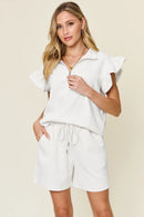 Double Take Full Size Texture Flounce Sleeve Top and Drawstring Shorts Set White