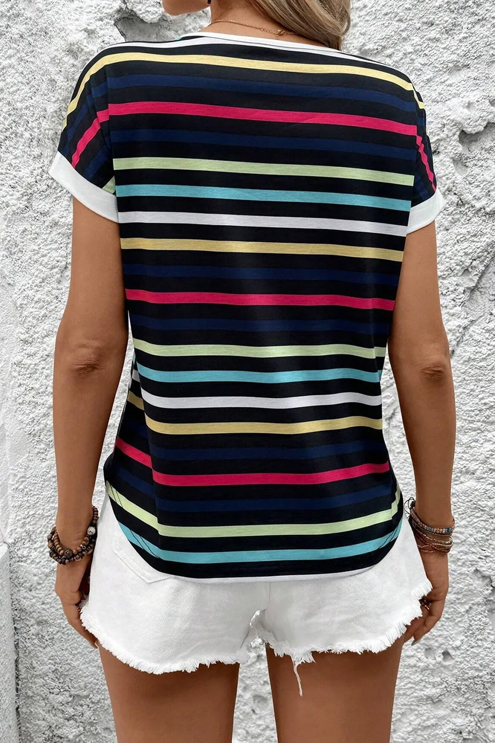 Colorful Striped Short Sleeve Casual T-Shirt - Slightly Stretchy, 95% Polyester, Stylish & Comfortable