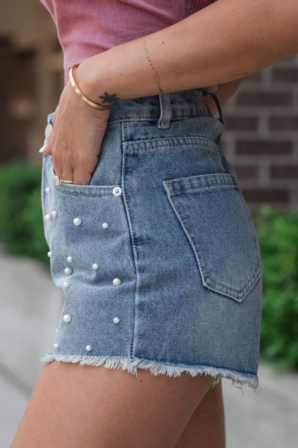 Trendy Pearl Beaded Denim Shorts with Raw Hem - Classic Style & Comfortable Fit