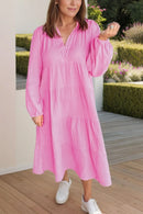 Tiered Johnny Collar Long Sleeve Dress Pink