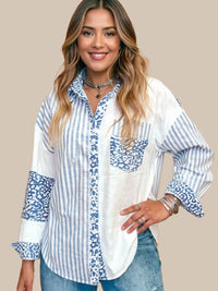 Striped Patchwork Button Down Shirt with Leopard Print Details