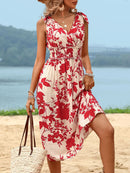 Perfee Smocked Printed Surplice Midi Dress Deep Red