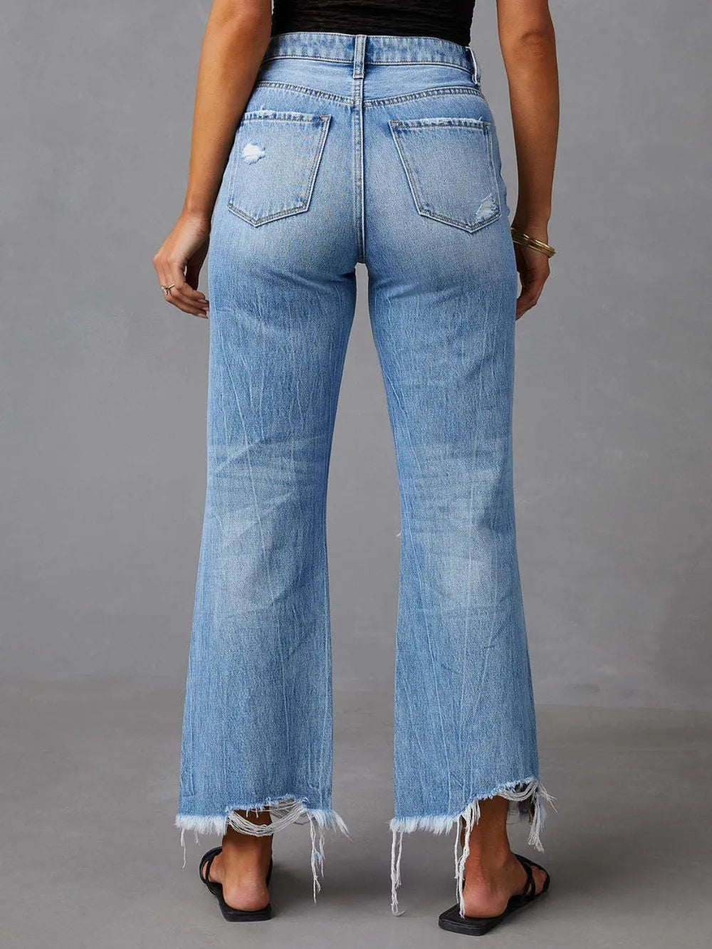 Distressed Raw Hem Jeans with Pockets - Non-Stretch Denim, 95% Cotton Material, Trendy Casual Style