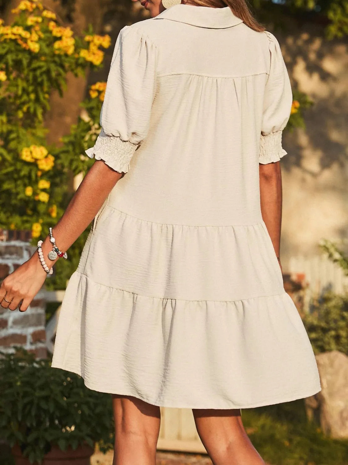 Johnny Collar Ruched Short Sleeve Mini Dress - 100% Polyester, Machine Washable, Chic Style