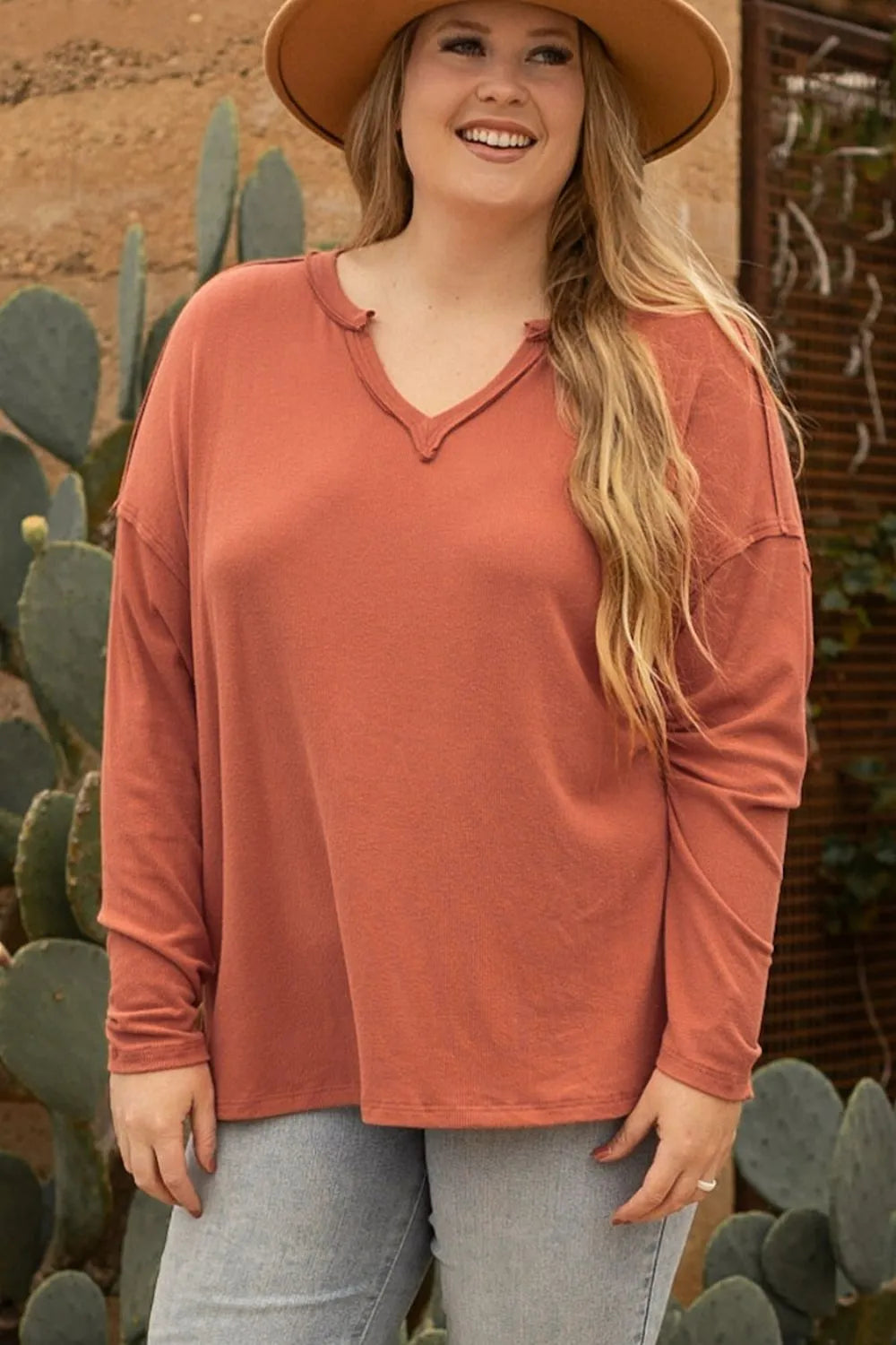 Plus Size Opaque Notched Long Sleeve T-Shirt in Stretchy Viscose Blend - Sizes 1XL to 3XL