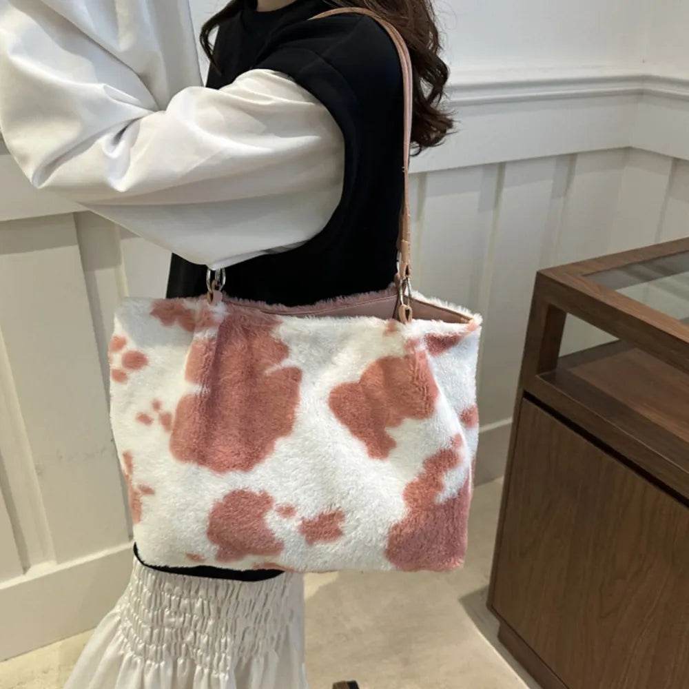 Large Cow Print Furry Tote Bag - Stylish Faux Fur, PU Leather, and Polyester Material - Store 42