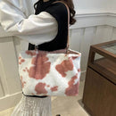 Large Cow Print Furry Tote Bag - Stylish Faux Fur, PU Leather, and Polyester Material - Store 42