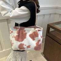 Large Cow Print Furry Tote Bag - Stylish Faux Fur, PU Leather, and Polyester Material - Store 42