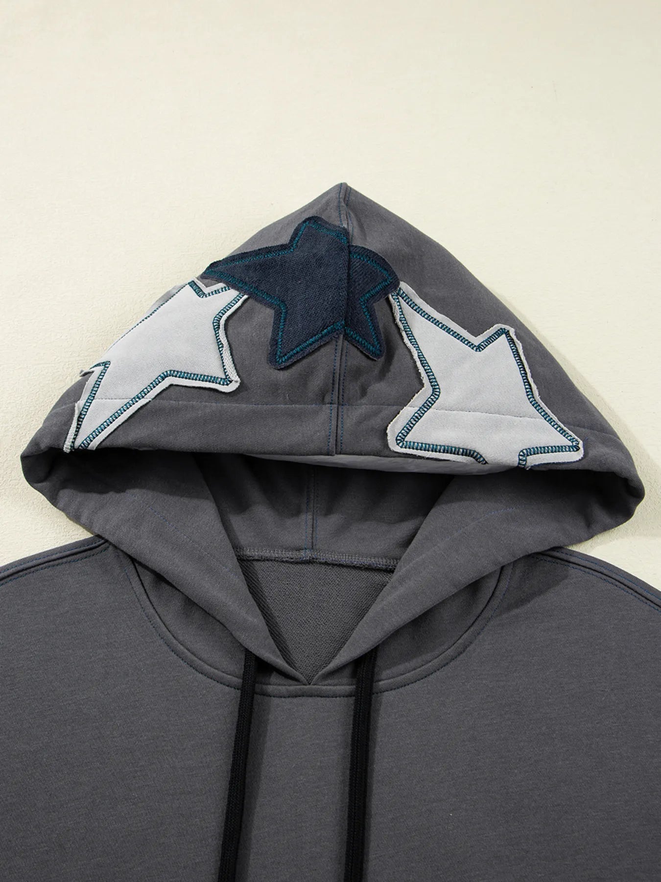 Star Patchwork Contrast Stitching Mineral Wash Kangaroo Pocket Hoodie