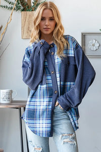 Oh Plaid Button Up Long Sleeve Shacket with Breast Pockets Blue