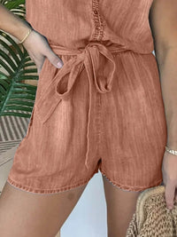 Full Size Tie Waist Cap Sleeve Denim Romper Plus Size - Store 42