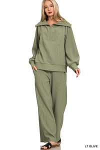 Zenana Ribbed High Neck Half Zip Pullover & Pants Set